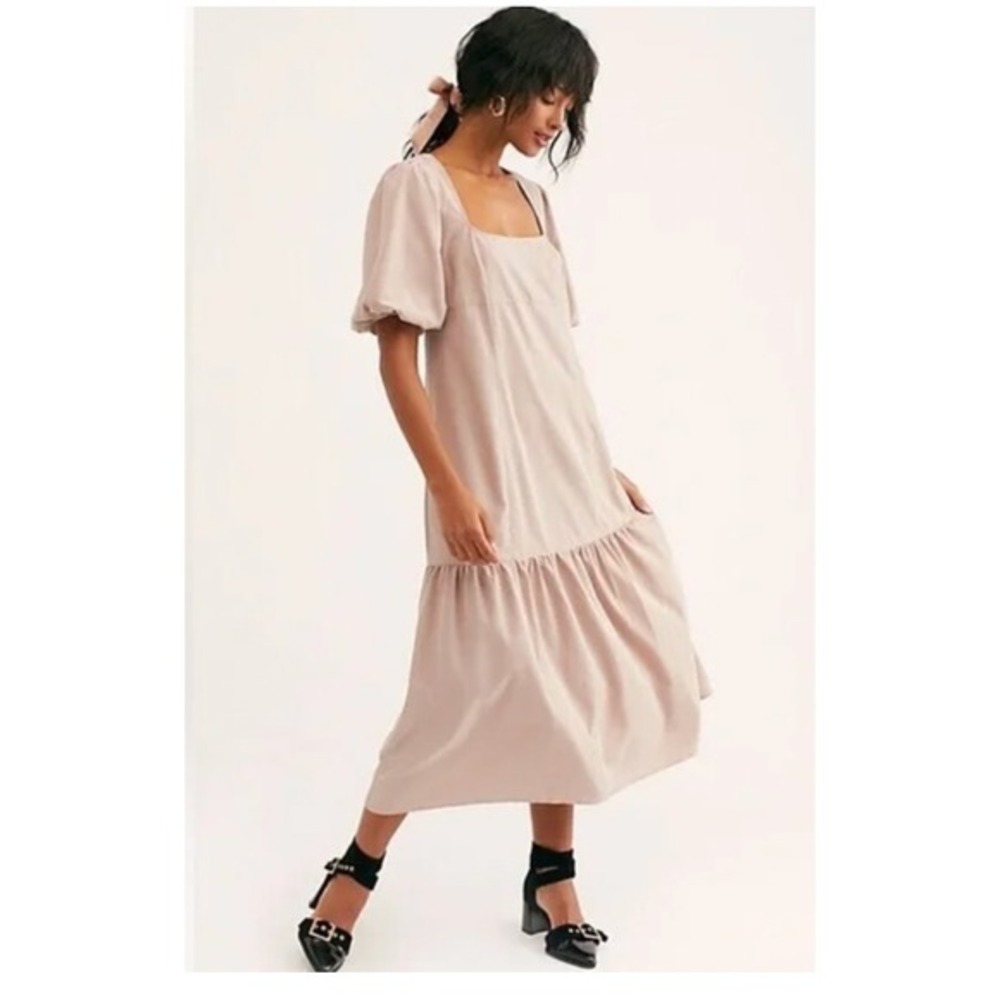 Free People Jordan Midi Dress Sz S‎ Mauve Puff Short Sleeve Drop Ruffle Hem - Picture 2 of 10